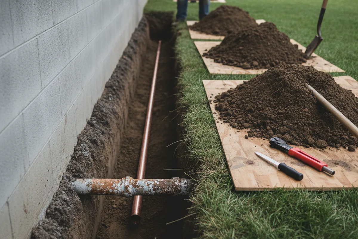 Excavated water line trench during Sewer Line Repair in Stroud